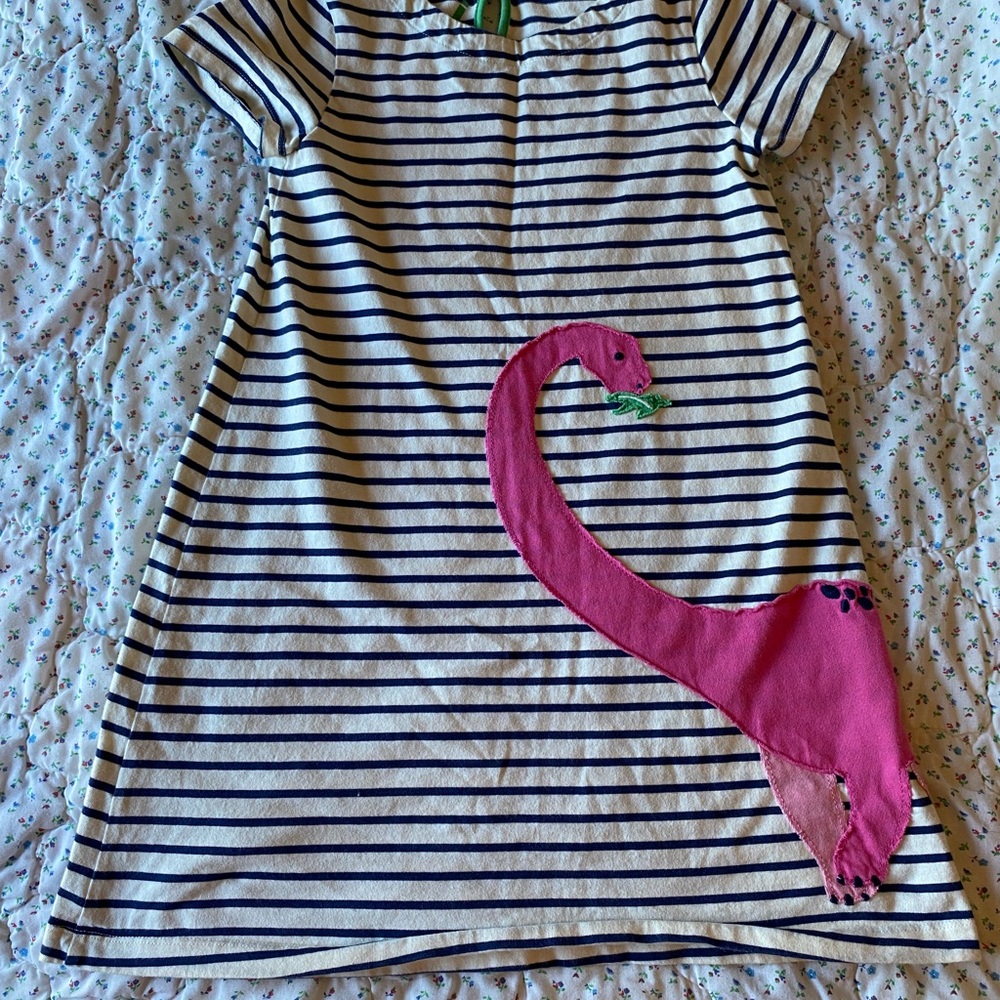 Girls Mini Boden Navy Stripe Dress with Pink Dino Applique